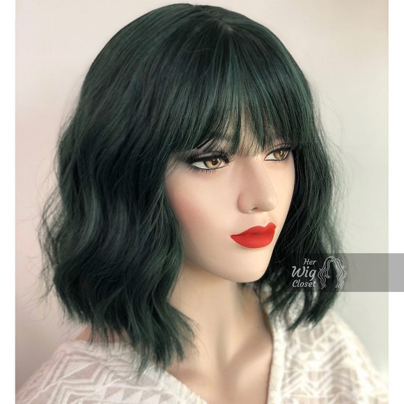 12" Pastel Dark Green Wavy Wig with Bangs |Polaris - Picture 3 of 9